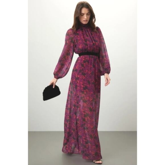 LDT Brooke Maxi Dress Purple Red Floral Pattern Long Women's Size 14 Glam Chic - Picture 13 of 14